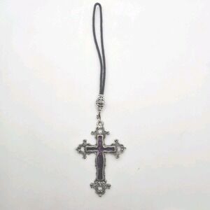 Purple Enamel Gothic Cross Pendant Necklace Black Cord Silver Tone Ornate
